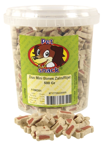 PETSNACK BOTJES MINI DUO ZALM/RIJST 500 GR PETSNACK SNACKS ZACHT HOND