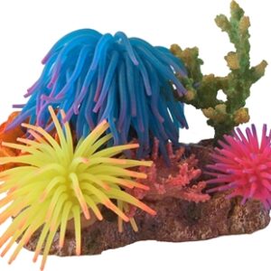 3 SILICONENBLOEMEN MET ROTS EN SCHELP 15 CM BOON DECORATIE AQUARIUM